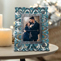 Cadre photo en bois sculpté à la main |   Cadre photo vintage en turquoise et feuille d'argent pour présentation sur table, décoration maison et hôtel, vente en gros