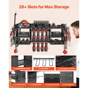Stazione di ricarica a parete da 1,70 m con 3 livelli, organizer per utensili elettrici con 8 supporti per trapani e porta batterie - Product Image 2