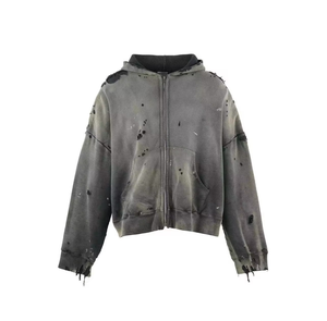 Wholesale Custom Heavyweight Oversized Terry 100% Cotton Streetwear Vintage Acid <b>Wash</b> Print Zipper Distressed Hoodies Men - Product Image 4