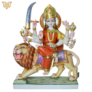 Durga Maa Idol for Temple | Handcrafted Marble Goddess Seated on Lion with Sword, Bow and Golden Crown by MALIYAS Jaipur - Product Image 2