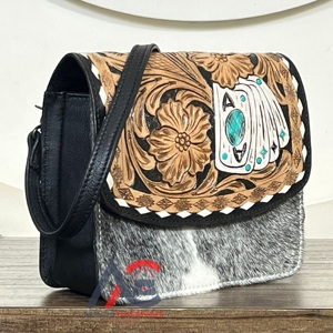 Handcrafted Genuine Cowhide <b>Leather</b> Crossbody Bag Western Floral <b>Tooled</b> Purse Hair-on Hide Shoulder Bag Vintage Style for Women - Product Image 1