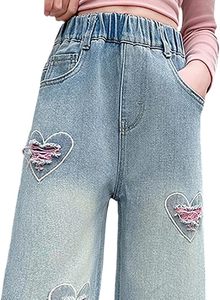 Girls High <b>Waist</b> Wide Leg Heart Patch Denim <b>Jeans</b> Loose Fit Y2K Style Summer Colored Casual for Kids XS-XL - Product Image 4
