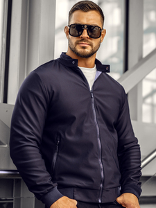 Men's Navy Blue Stand Collar Bomber <b>Jacket</b> Zipper Closure Casual Windproof Polyester Slim Fit Autumn Wear - Product Image 3