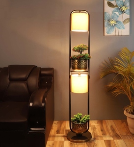 Luxury beige metal and fabric shade <b>shelf</b> floor <b>lamp</b> with metal base oem odm low moq factory price wholesale bulk supply - Product Image 5