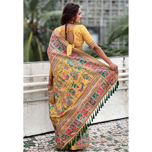 Sari en soie cachemire jaune, tissé avec des fils de zari, élégant, robe de soirée - Product Image 2