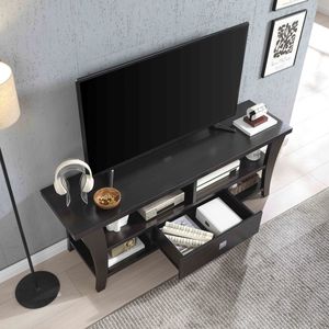 Modern Design TV <b>Stand</b> Cabinet with Curved Legs One Drawer Metal Glides Square Handle Divided <b>Shelf</b> and Two Cubbies - Product Image 3