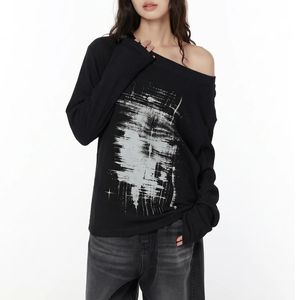 Pull en maille blanc pour femme, motif graphique vieilli, manches longues, côtelé, coupe oversize, style Y2K Grunge Streetwear - Product Image 3