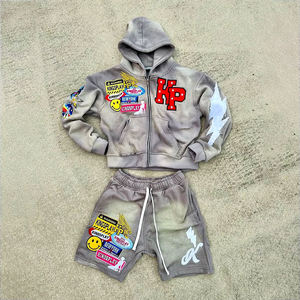 Red Hooded 100% Cotton Fleece Thickness Tracksuit Set for <b>Men</b> with Printed Letters and Zipper Closure Vintage Winter Wear - Product Image 5