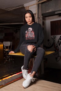 Women's Black Cropped Hoodie <b>Skull</b> Print Long Sleeve Casual Sweatshirt Front Logo Autumn Wear - Product Image 5