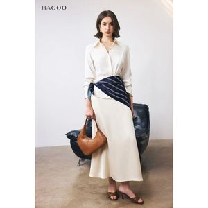 Blusa de Seda Satinada de Manga Larga para Mujer HAGOO con Cinturón, Elegante para Oficina, Cuello con Botones, Largo Completo - Product Image 2
