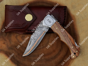 Couteau pliant professionnel fait main en acier Damas cuivré avec manche en bois de rose, pointe clip, pour chasse, camping, EDC, avec étui et aiguiseur - Product Image 3