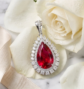 Luxury Pear Cut Lab <b>Ruby</b> Gemstone and Lab Grown Diamond Pendant <b>Necklace</b> Halo Diamond <b>Necklace</b> for Women Wedding Jewelry - Product Image 4