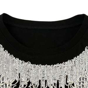 Men's & Women's Tassel Fringe <b>Rhinestone</b> T-Shirt 2026 Jet Black Regular Fit Silver Sparkle Crystal Streetwear <b>Top</b> HD - Product Image 4