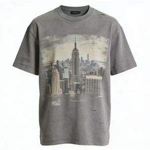 เสื้อยืดโอเวอร์ไซส์สีเทาสำหรับผู้ชาย พิมพ์ลายภาพนิวยอร์ก ซิตี้ แขนสั้น คอกลม สไตล์สตรีท ผ้าคอตตอนเจอร์ซีย์ ทรงพอดีตัว - Product Image 1