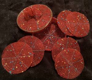 Red Beaded Coasters with Holder Eco-Friendly Customizable Polyester/Cotton Set of 6 Festive Tableware - Product Image 4