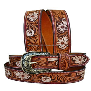 Ceinture florale personnalisée en cuir véritable Western usinée à la main et peinte à la main avec ceinture usinée à boucle ardillon en laiton amovible - Product Image 1