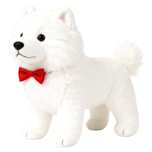 Peluche réaliste de chiot Samoyède blanc, douce et moelleuse, avec nœud papillon rouge - Product Image 1