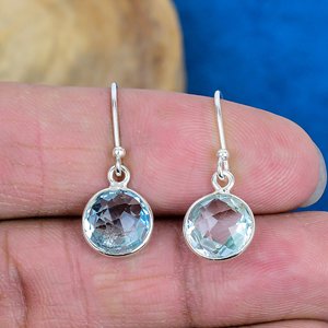 Natural Blue Topaz Round Shape Gemstone Dangle <b>Hook</b> <b>Earring</b> 925 Sterling Silver Finish - Product Image 2