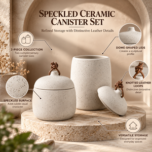 Speckled Ceramic Storage Jars Leather Loop Lids Two Sizes <b>Canister</b> <b>Set</b> | Modern Kitchen Countertop Pantry Organizer Home Storage - Product Image 3