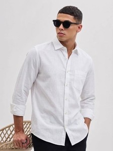 Enovate Men's White Cotton Casual Shirt Double Breasted Full Sleeve Turn <b>Down</b> Collar Solid Color Breathable Summer Wear - Product Image 1