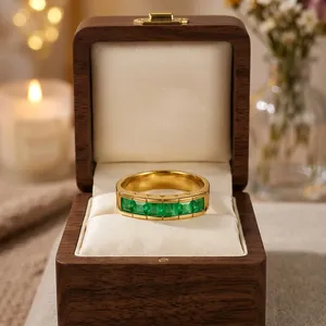 Classic Yellow Gold Emerald Bezel Setting Gemstone Wedding <b>Rings</b> Set for <b>Couple</b> Engagement Anniversary Party Gift - Product Image 3
