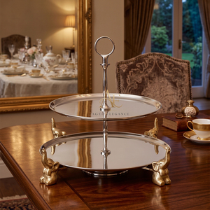 Élégant support à gâteau en métal argenté à 2 niveaux avec pieds d'éléphant dorés et anneau supérieur, centre de table de luxe pour desserts de mariage - Product Image 1