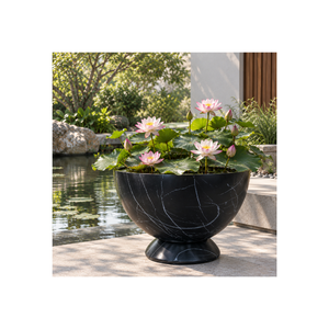 Maceta de fibra de vidrio de lujo personalizada con efecto mármol, maceta redonda con pedestal para diseño moderno de exteriores y paisajismo. - Product Image 1