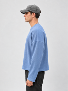 เสื้อสเวตเชิ้ตผู้ชายคอกลมสีน้ำเงินทรงโอเวอร์ไซส์ ผ้าถัก ทรงปกติ สวมใส่สบาย สีพื้น ผ้าฝ้ายระบายอากาศ ใส่ได้ในฤดูใบไม้ร่วง - Product Image 2