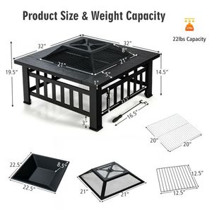 32-Inch 3-in-1 Square Fire Pit <b>Table</b> with <b>BBQ</b> Grill and Rain Cover for Outdoor Camping - Product Image 2