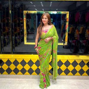 Sari vert imprimé numériquement avec broderie, tenue de mariage traditionnelle pour femmes, coupe classique, style Inde Pakistan - Product Image 1