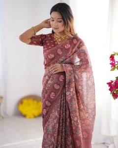 Sari indio tradicional de seda con estampado de elefantes, color granate, para bodas, para mujer, largo hasta el suelo, corte regular. - Product Image 4