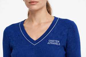 Women's Navy Blue Ribbed Knit V Neck <b>Long</b> Sleeve Top and Flare Pants Set with Contrast Trim - Product Image 6