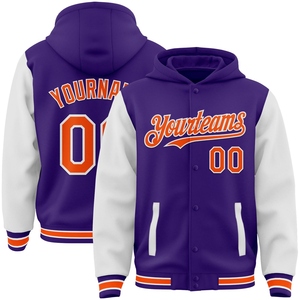 เสื้อแจ็คเก็ตฮู้ดดี้แบบมีกระดุมสองสี รุ่น Varsity Letterman สีม่วง-ส้ม-ขาว ของ OMMIZ INDUSTRY ขายส่งโดยตรง - Product Image 1