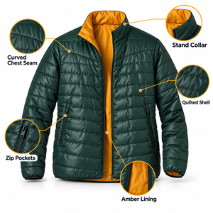 <b>Men's</b> Dark Green Puffer <b>Jacket</b> With Orange Lining Stand Collar Zipper Closure Windproof Casual Winter Wear - Product Image 6