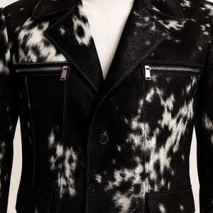 <b>Mens</b> Genuine Leather Real Fur Biker <b>Jacket</b> Black <b>White</b> Asymmetrical Zip Front Logo Windproof Polyester Lining Winter Moto <b>Jacket</b> - Product Image 3