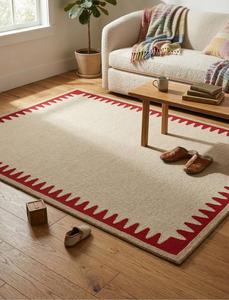 Premium Hand Tufted <b>Wool</b> Area Rug with Abstract Pattern Ivory Center Bold <b>Red</b> Border Non-Slip Modern Living Room Rug - Product Image 4