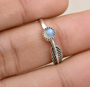 Anillo de Plata de Ley 925 con Piedra Lunar Arcoíris de 6mm, Corte Redondo, Engaste de Garras, Estilo Bohemia con Hoja, para Uso Diario Unisex - Product Image 4