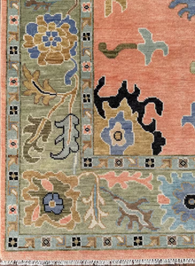 Alfombra Floral Hecha a Mano Inspirada en Oushak, Alfombra de Lujo para Sala de Estar |   Alfombra Vintage para Sala de Estar con Borde Verde Salvia y Durazno - Product Image 2