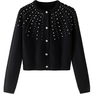 Cardigan tricoté tendance 2026 pour femme, col rond, manches longues, perlé, couleur unie, anti-boulochage, longueur standard - Product Image 5