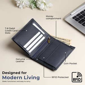 WRIZA Men's Genuine Leather <b>RFID</b> Blocking <b>Wallet</b> | Navy Blue Slim Bifold Open Coin Pocket Card Holder England Style Daily Use - Product Image 4