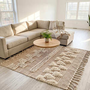 Tassles Boho Striped Area Rug Geometric Pattern Handmade Tufted Cotton Flat Weave With Fringes Rectangle Bed Room Rug - Product Image 6