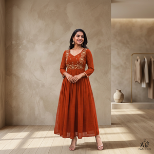 Kurti en Georgette Brodé Orange pour Femme, Coupe Ample Longueur Cheville, Tenue Traditionnelle Indienne et Pakistanaise, Toutes Saisons - Product Image 1