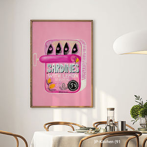 Arte de pared en lienzo para cocina, color rosa, impresión de sardinas dibujadas a mano, ilustración de envases de alimentos, decoración de pared para comedor - Product Image 2