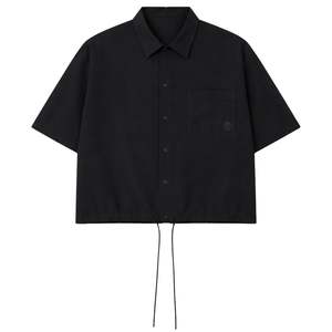 <b>Men</b> Nylon Drawcord <b>Shirt</b> Short Sleeve Lightweight Casual <b>Utility</b> Top Solid Black Relaxed Fit OEM Wholesale Supply - Product Image 1
