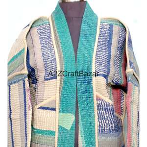 Veste tricotée réversible en coton 100% faite à la main, multicolores, écologique, design Kantha vintage - Product Image 3
