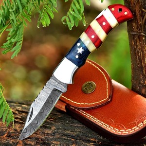UA Supplies Industrial Grade Damascus Steel Camping <b>Knife</b> Drop Point Blade American Flag <b>Handle</b> EDC Outdoor Survival <b>Knife</b> 6.5 - Product Image 1