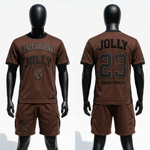 Ensemble maillot et short de football en polyester doux Elite 190 GSM, marron noir, logo personnalisé par sublimation, pour homme. - Product Image 1