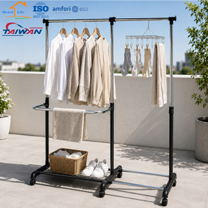 <b>Adjustable</b> Double Rail Rolling Clothes Garment Rack Heavy Duty Metal Drying Stand with Storage <b>Shelf</b> - Product Image 4