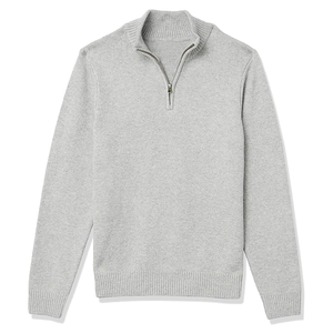 Men's Light Gray <b>Quarter</b> <b>Zip</b> Knitted Cotton Embroidered Zipper <b>Sweater</b> Regular Fit Stand Collar Winter Solid Color Pullover - Product Image 1