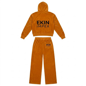 EKIN IMPEX Conjunto de Sudadera y Pantalón Vintage de Dos Piezas en Naranja Quemado con Lavado Mineral, con Pedrería, Sudadera con Capucha Corta de Corte Holgado con Cremallera Completa y Pantalón de Pierna Ancha con Bajo Deshilachado - Product Image 2